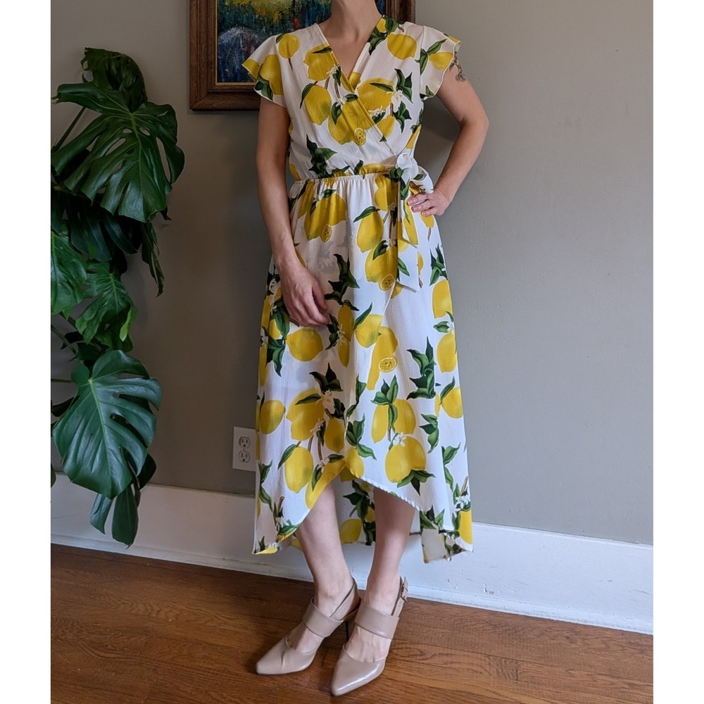 Faux Wrap Dress Yellow Lemons Hi-Lo Brunch Summer Fruit Mediterranean Citrus Mid